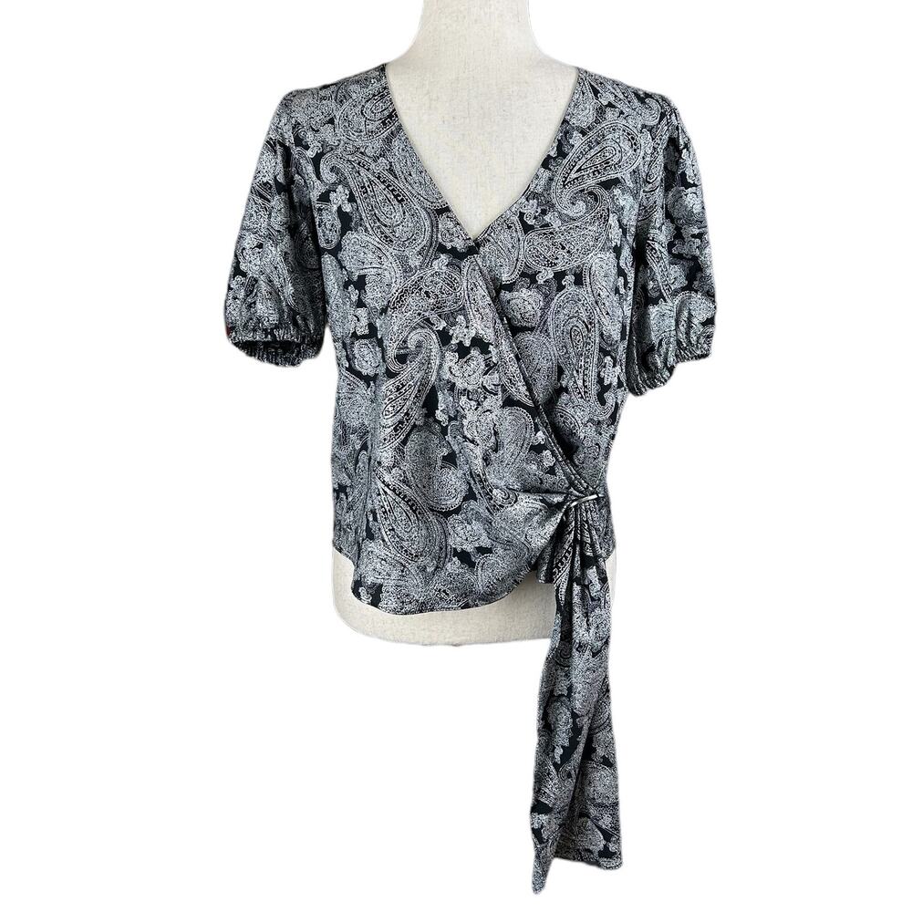 NEW Michael Michael Kors Black and Silver Foil Paisley Faux Wrap Top Size S